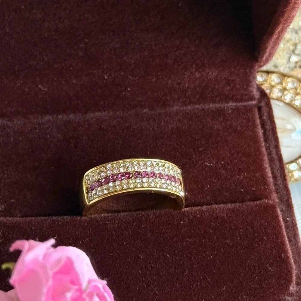 Gold Ring with Purple  and Clear Crystals
